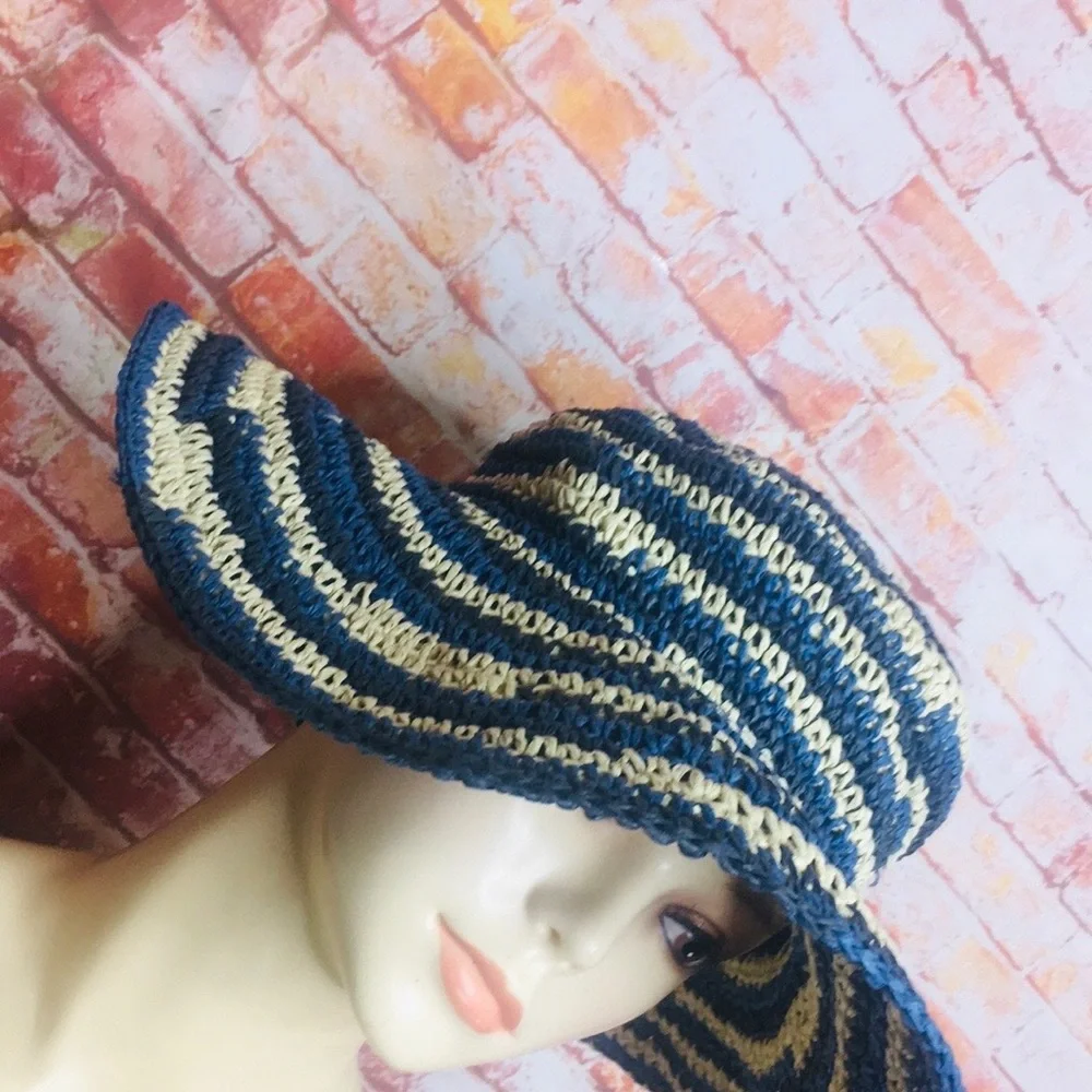 San Diego Hat Company Blue and White Striped Wide Brimmed Woven Retro Beach Hat